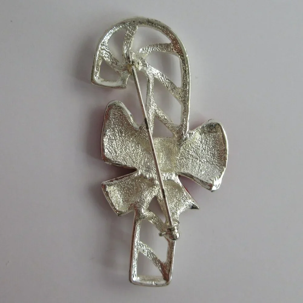 Candy Cane Brooch Pin Enamal Red Bow Holiday Christmas Silver Tone Openwork - Picture 2 of 9
